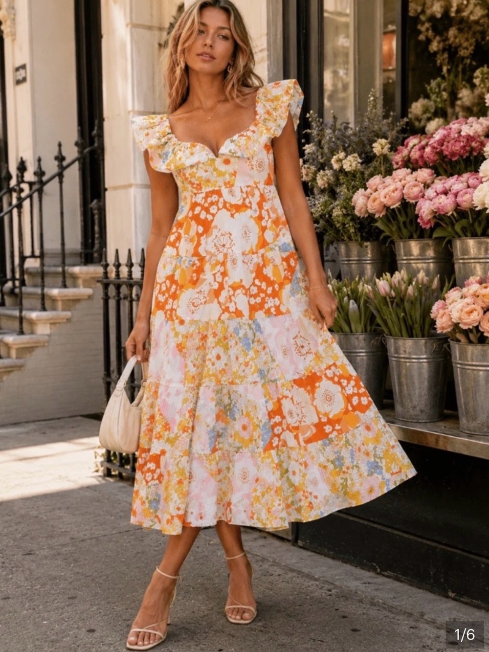 Beulah Rita mod floral print tiered ruffle neckline midi maxi dress sz M